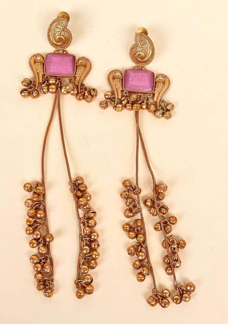 Gold-Plated Contemporary Pink Stone Long Chain Kashmiri Drop Earrings for Women | Traditional Ethnic Jewellery for Wedding & Festive Wear | Gift for Her - Indya