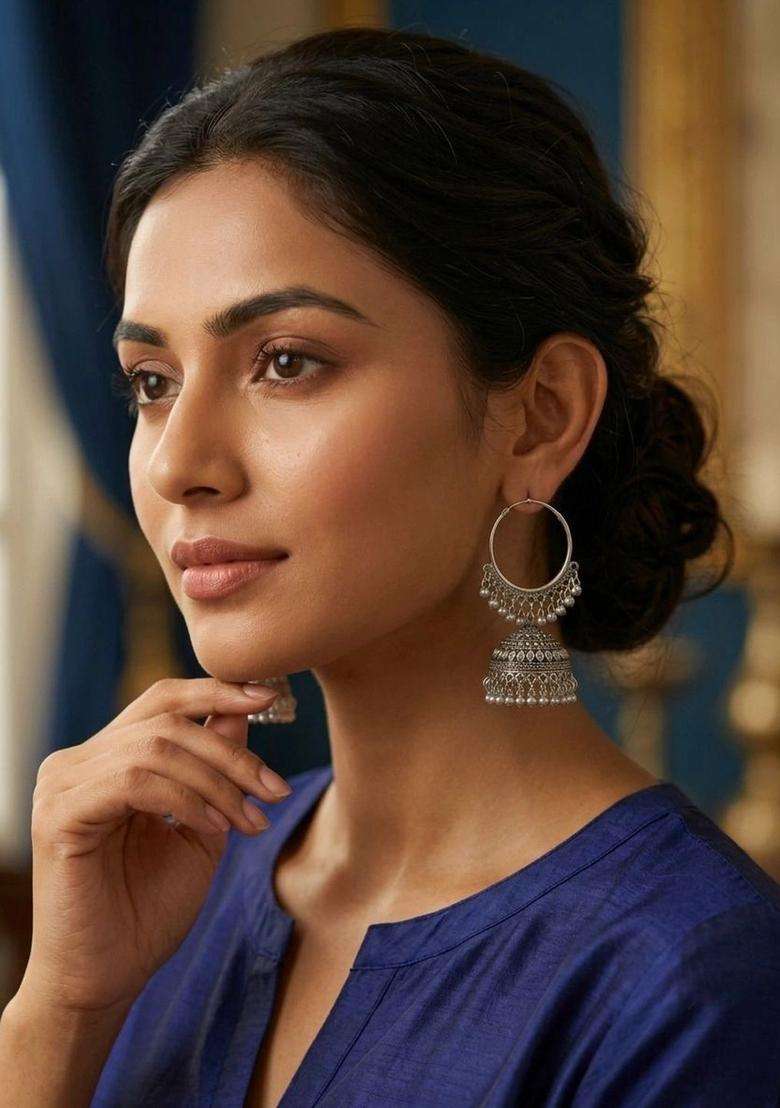 Silver-Plated Circular Jhumkas Earrings for Men & Women | Traditional Ethnic Jewellery for Wedding & Festive Wear | Festive Gift - Indya