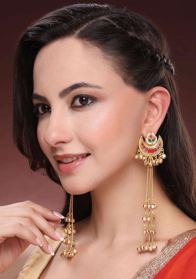Gold-Plated Crescent Shaped Drop Earrings for Women | Traditional Ethnic Jewellery for Wedding & Festive Wear | Gift for Her - Indya