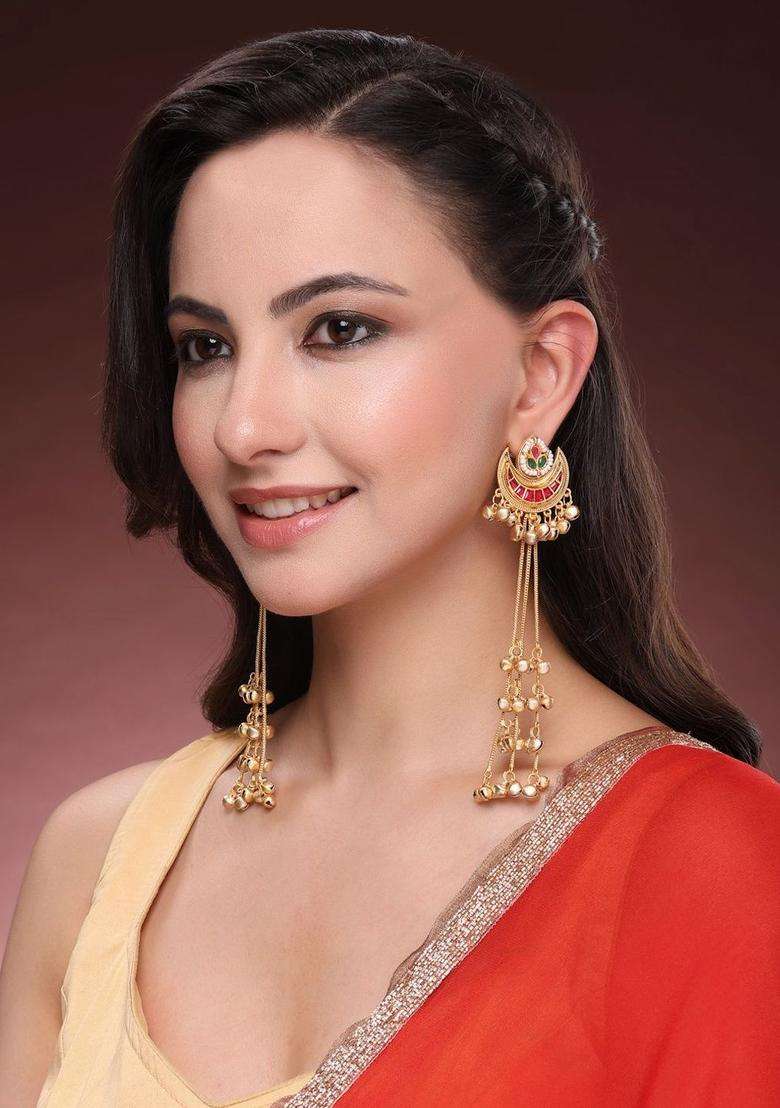 Gold-Plated Crescent Shaped Drop Earrings for Women | Traditional Ethnic Jewellery for Wedding & Festive Wear | Gift for Her - Indya