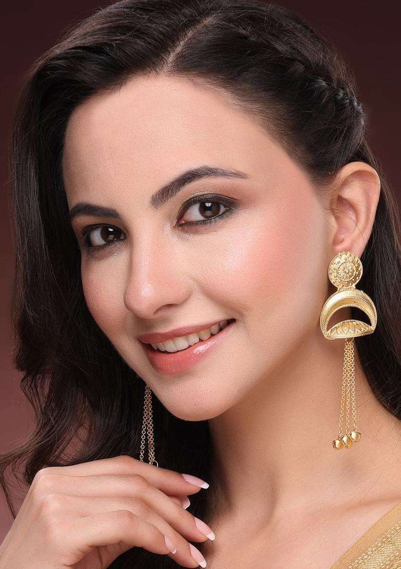 Gold-Plated Geometric Jhumkas Earrings with Kundan for Women | Traditional Ethnic Jewellery for Wedding & Festive Wear | Gift for Her - Indya