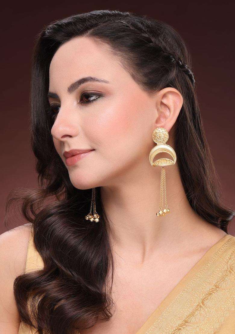 Gold-Plated Geometric Jhumkas Earrings with Kundan for Women | Traditional Ethnic Jewellery for Wedding & Festive Wear | Gift for Her - Indya