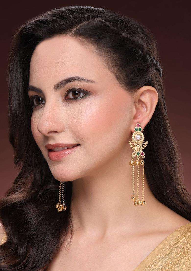 Gold-Plated Floral Drop Earrings with Kundan for Women | Traditional Ethnic Jewellery for Wedding & Festive Wear | Gift for Her - Indya