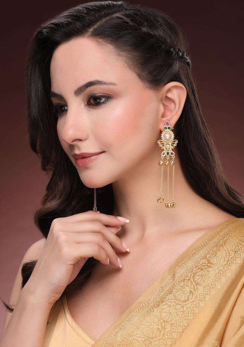 Gold-Plated Floral Drop Earrings with Kundan for Women | Traditional Ethnic Jewellery for Wedding & Festive Wear | Gift for Her - Indya