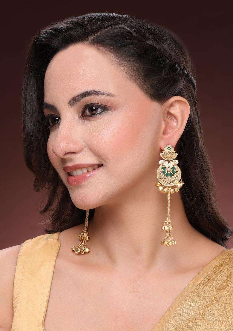 Gold-Plated Geometric Drop Earrings with Kundan for Women | Traditional Ethnic Jewellery for Wedding & Festive Wear | Gift for Her - Indya