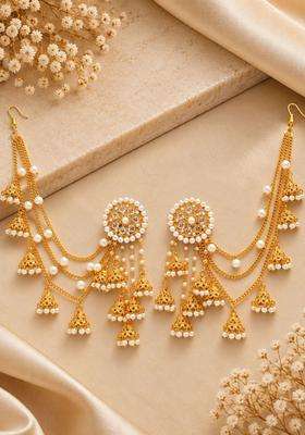White & Gold-Toned Circular Drop Earrings with Ear Chain for Women | Traditional Ethnic Jewellery for Wedding & Festive Wear | Gift for Her