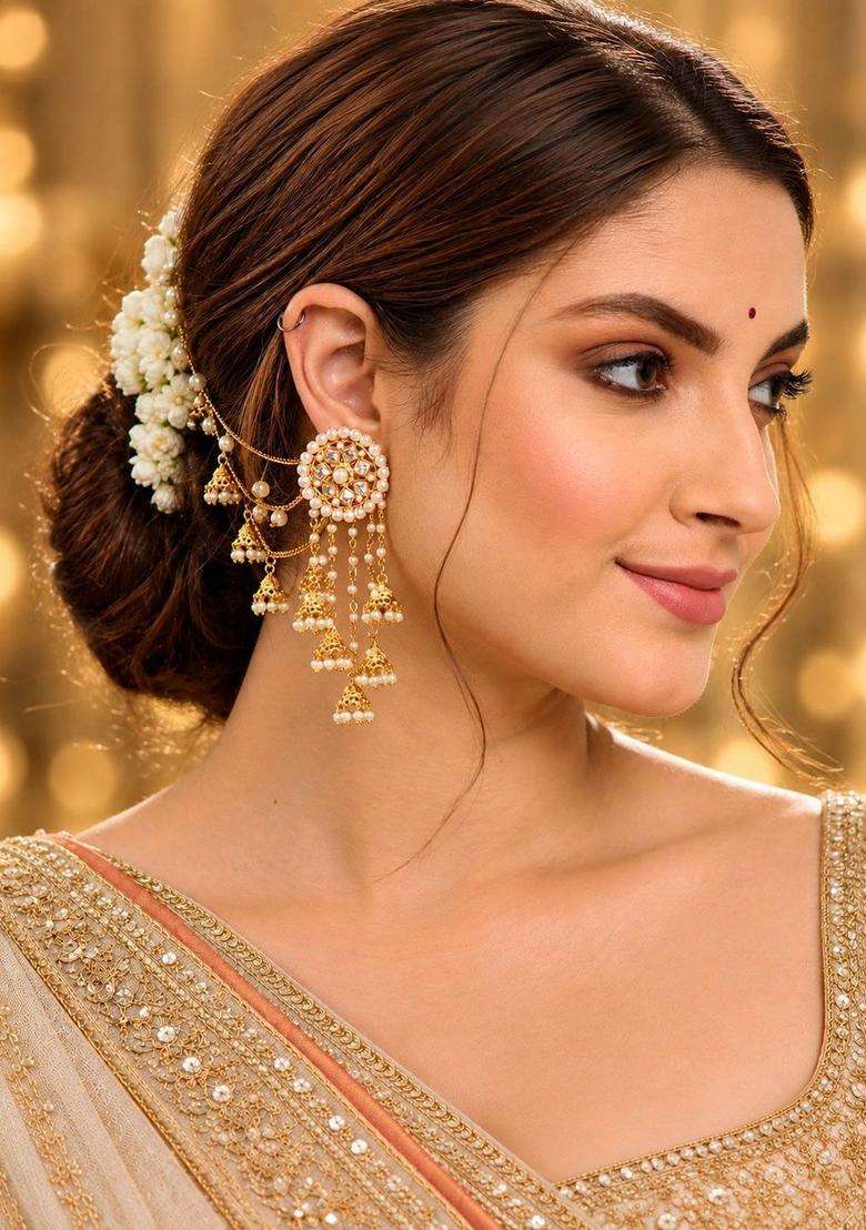 White & Gold-Toned Circular Drop Earrings with Ear Chain for Women | Traditional Ethnic Jewellery for Wedding & Festive Wear | Gift for Her - Indya