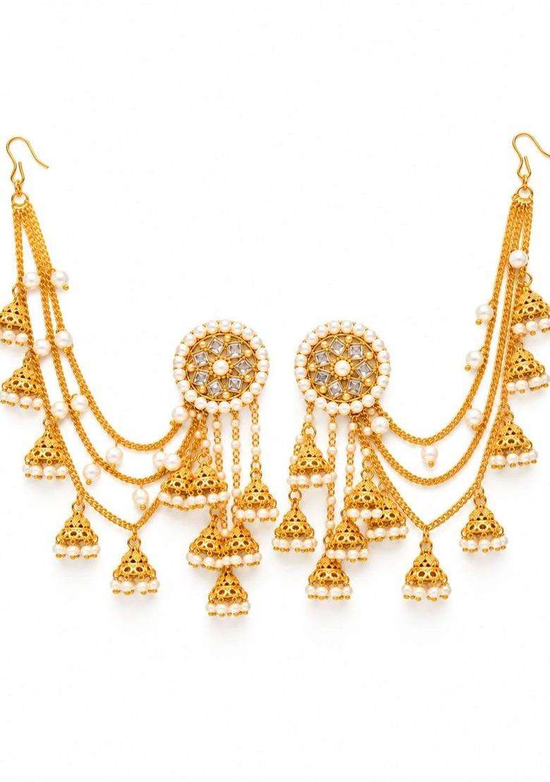 White & Gold-Toned Circular Drop Earrings with Ear Chain for Women | Traditional Ethnic Jewellery for Wedding & Festive Wear | Gift for Her - Indya