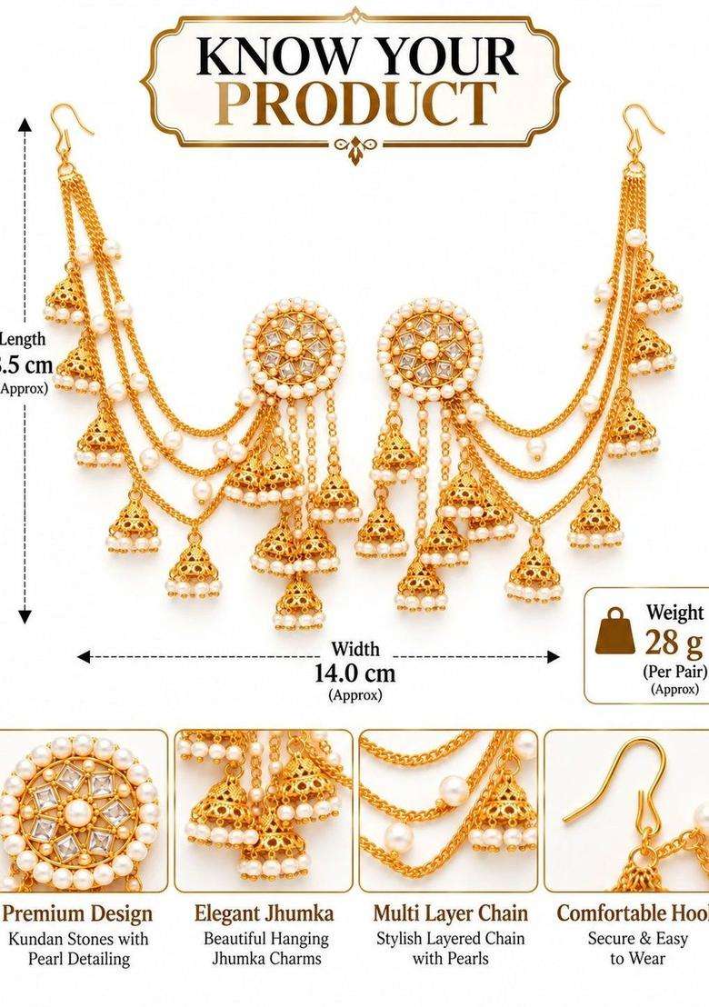 White & Gold-Toned Circular Drop Earrings with Ear Chain for Women | Traditional Ethnic Jewellery for Wedding & Festive Wear | Gift for Her - Indya