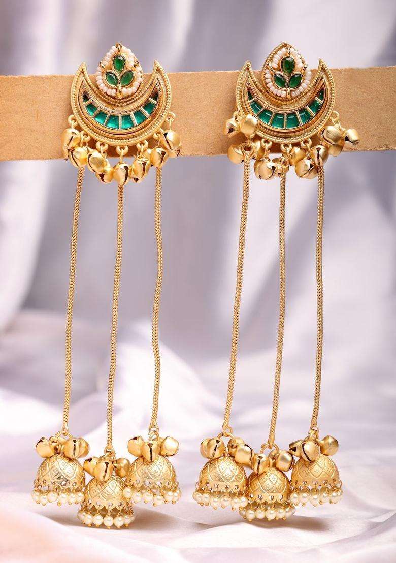 Gold-Plated Crescent Shaped Jhumkas Earrings for Women | Traditional Ethnic Jewellery for Wedding & Festive Wear | Gift for Her - Indya