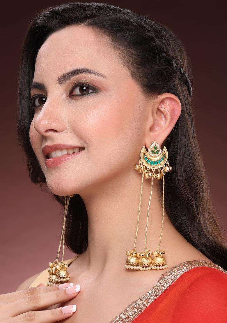 Gold-Plated Crescent Shaped Jhumkas Earrings for Women | Traditional Ethnic Jewellery for Wedding & Festive Wear | Gift for Her - Indya
