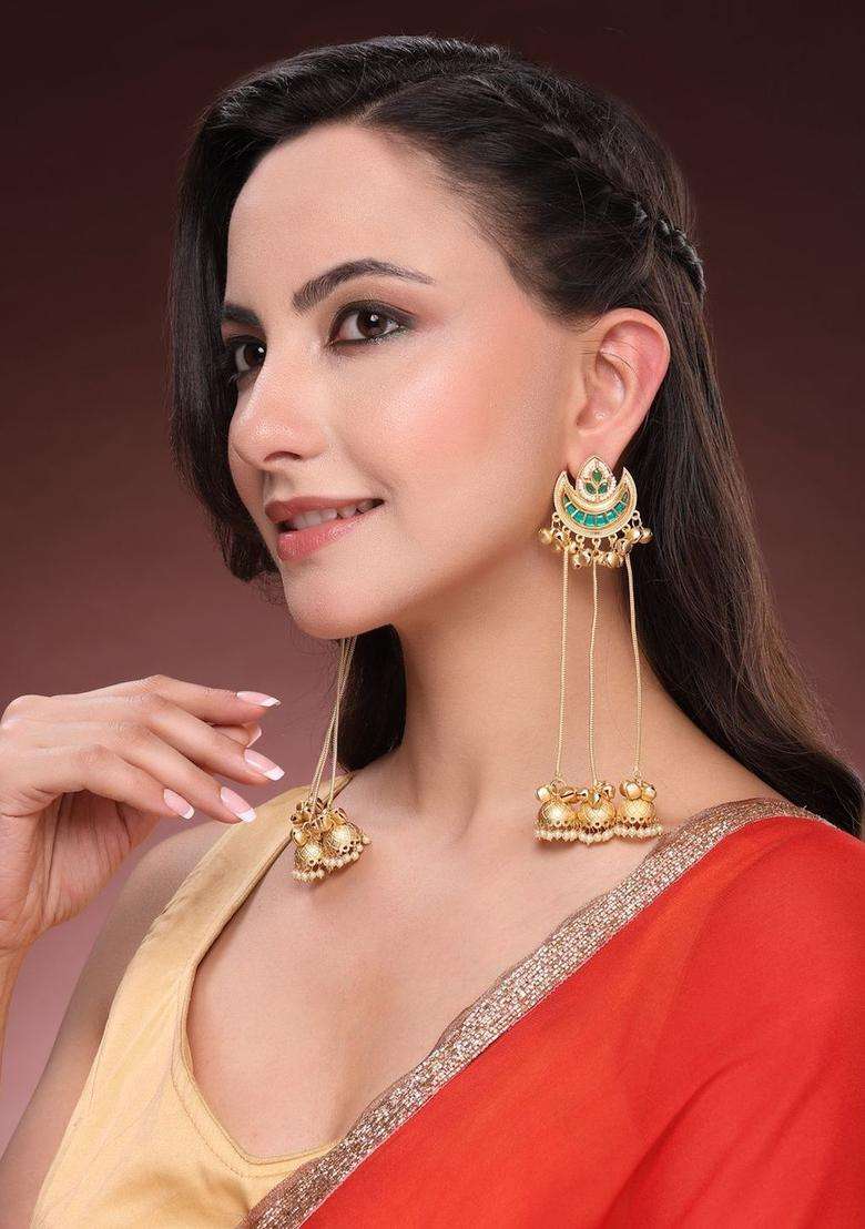 Gold-Plated Crescent Shaped Jhumkas Earrings for Women | Traditional Ethnic Jewellery for Wedding & Festive Wear | Gift for Her - Indya