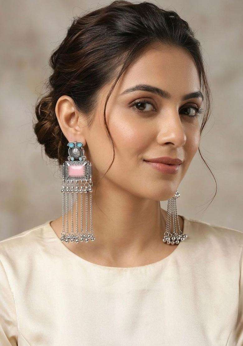 Silver-Plated Geometric Drop Earrings for Women | Traditional Ethnic Jewellery for Wedding & Festive Wear | Gift for Her - Indya