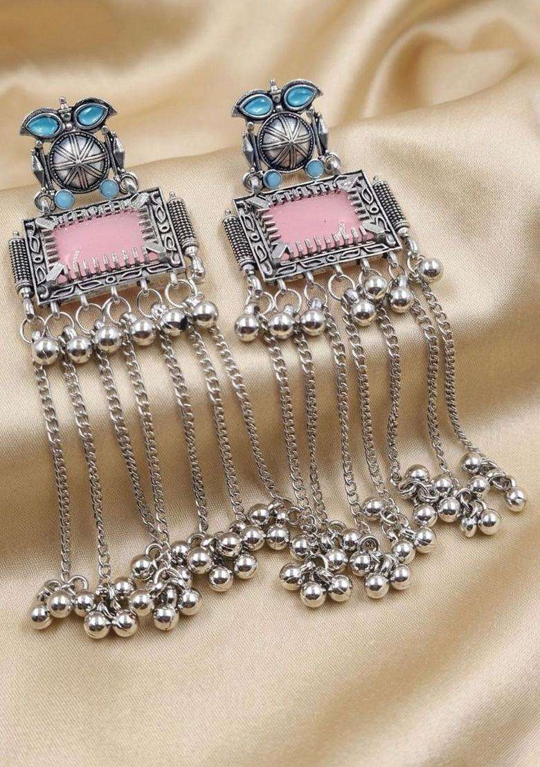 Silver-Plated Geometric Drop Earrings for Women | Traditional Ethnic Jewellery for Wedding & Festive Wear | Gift for Her - Indya