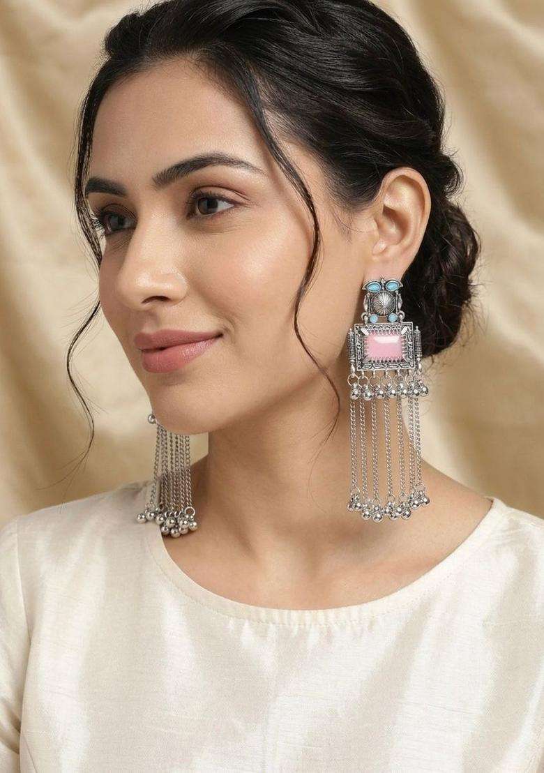 Silver-Plated Geometric Drop Earrings for Women | Traditional Ethnic Jewellery for Wedding & Festive Wear | Gift for Her - Indya