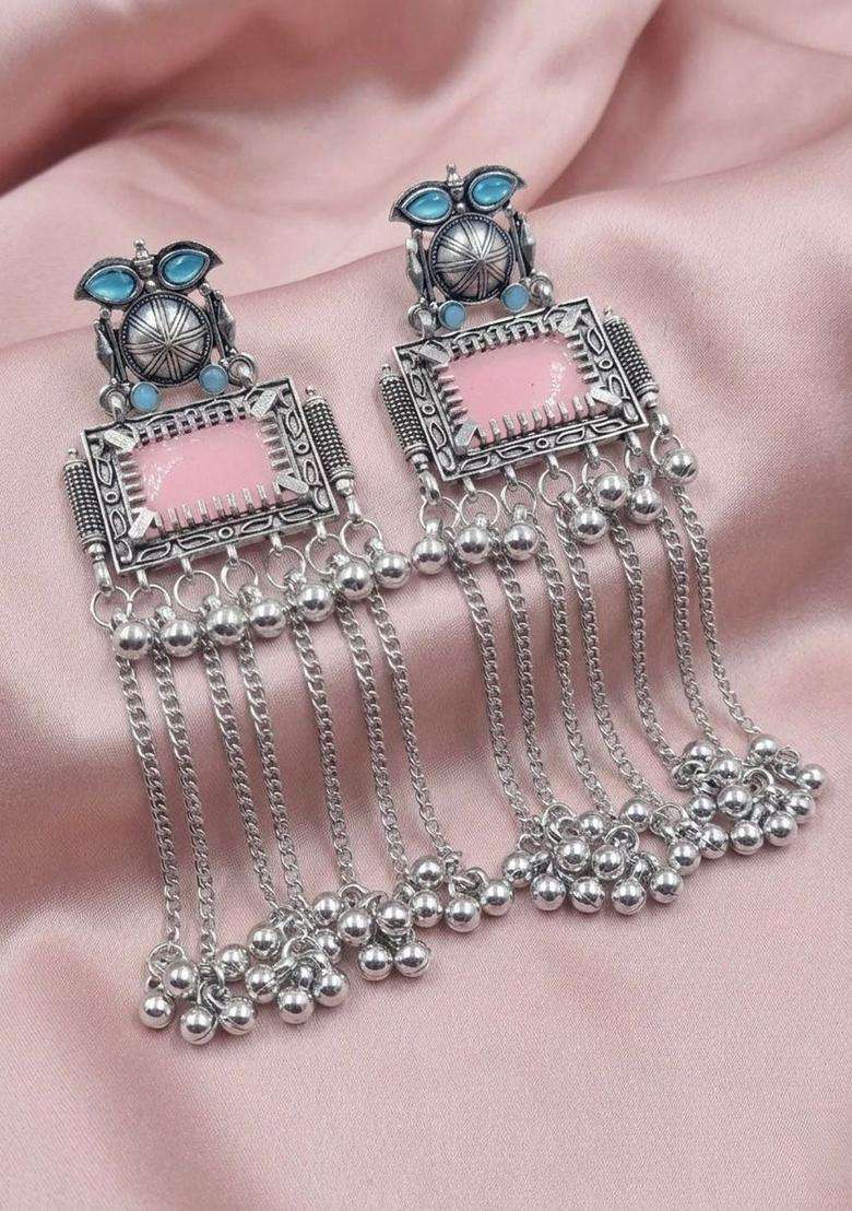 Silver-Plated Geometric Drop Earrings for Women | Traditional Ethnic Jewellery for Wedding & Festive Wear | Gift for Her - Indya