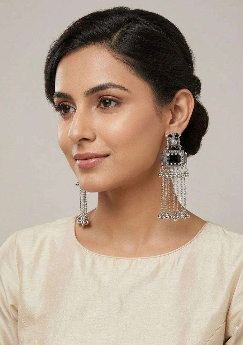 Silver-Plated Geometric Drop Earrings for Women | Traditional Ethnic Jewellery for Wedding & Festive Wear | Gift for Her - Indya