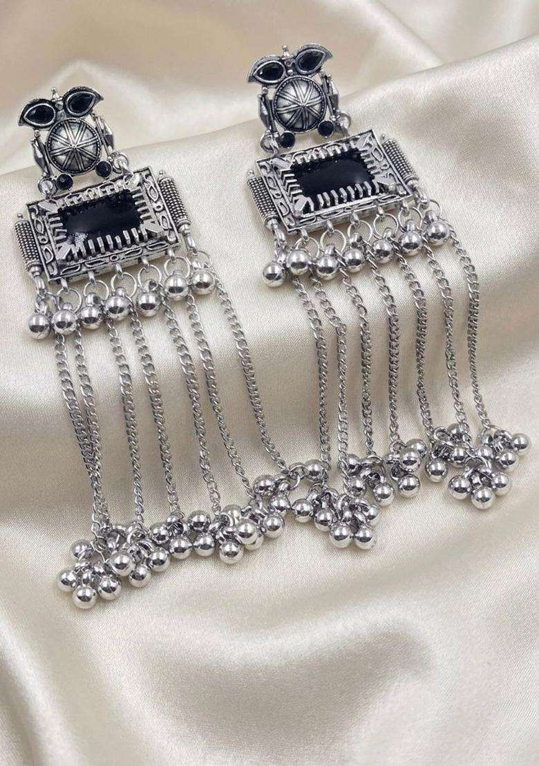 Silver-Plated Geometric Drop Earrings for Women | Traditional Ethnic Jewellery for Wedding & Festive Wear | Gift for Her - Indya
