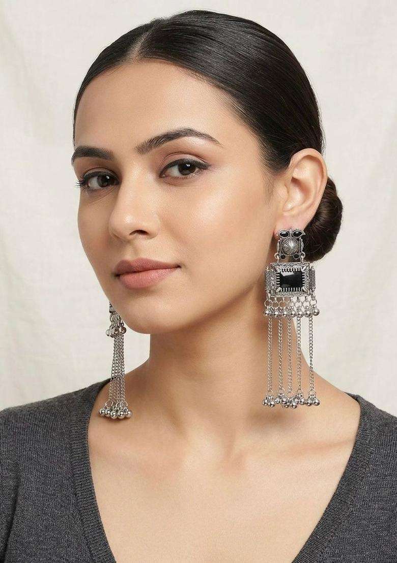Silver-Plated Geometric Drop Earrings for Women | Traditional Ethnic Jewellery for Wedding & Festive Wear | Gift for Her - Indya