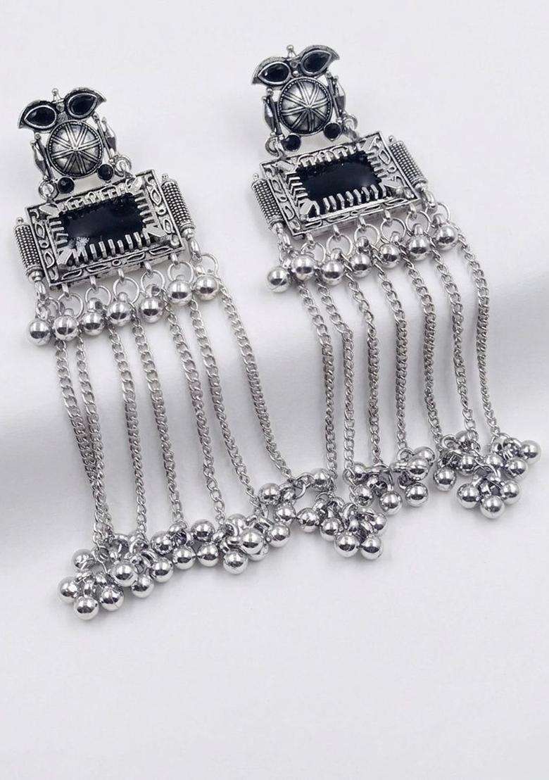 Silver-Plated Geometric Drop Earrings for Women | Traditional Ethnic Jewellery for Wedding & Festive Wear | Gift for Her - Indya