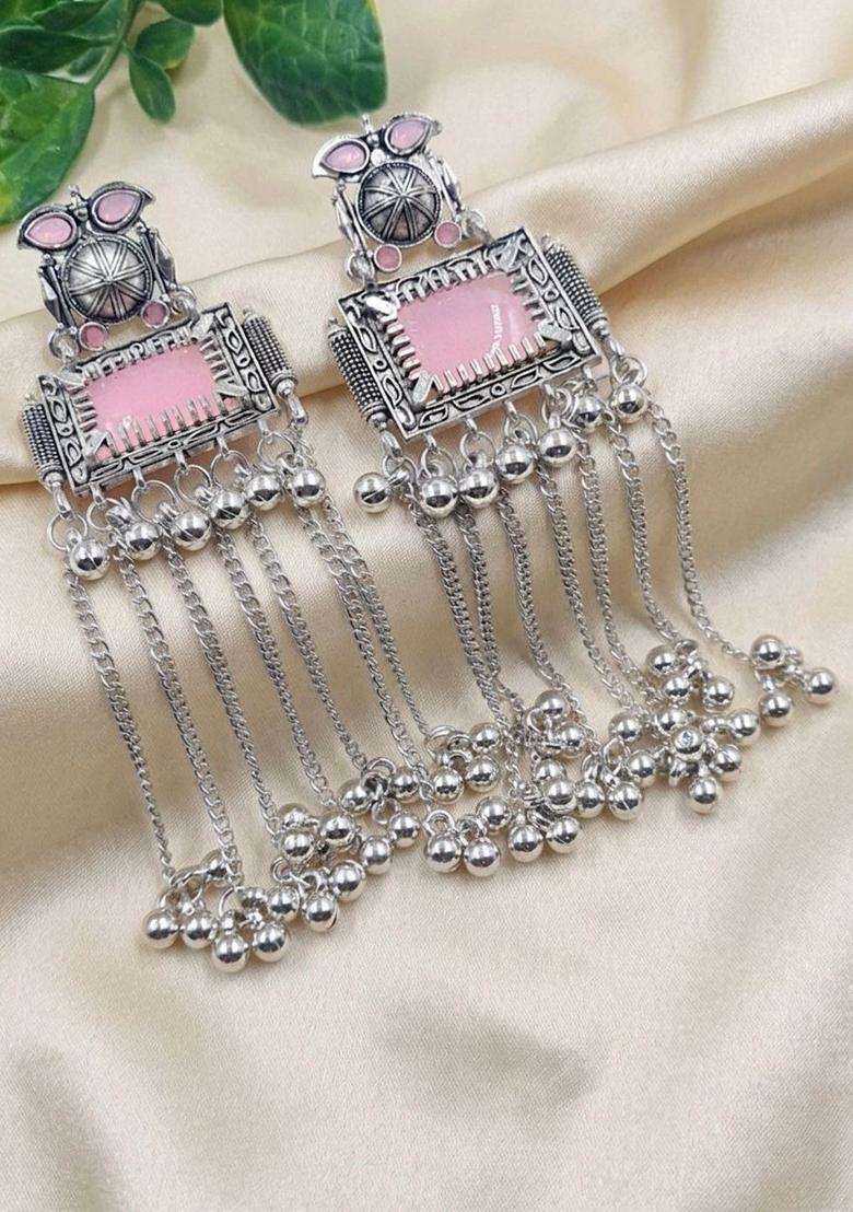 Silver-Plated Geometric Drop Earrings for Women | Traditional Ethnic Jewellery for Wedding & Festive Wear | Gift for Her - Indya