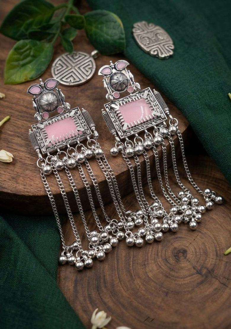 Silver-Plated Geometric Drop Earrings for Women | Traditional Ethnic Jewellery for Wedding & Festive Wear | Gift for Her - Indya