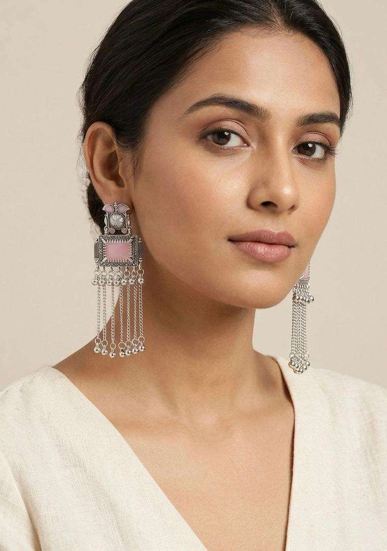 Silver-Plated Geometric Drop Earrings for Women | Traditional Ethnic Jewellery for Wedding & Festive Wear | Gift for Her - Indya