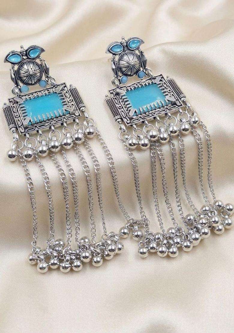 Silver-Plated Geometric Drop Earrings for Women | Traditional Ethnic Jewellery for Wedding & Festive Wear | Gift for Her - Indya