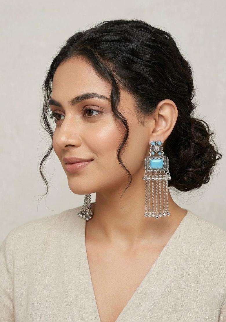 Silver-Plated Geometric Drop Earrings for Women | Traditional Ethnic Jewellery for Wedding & Festive Wear | Gift for Her - Indya