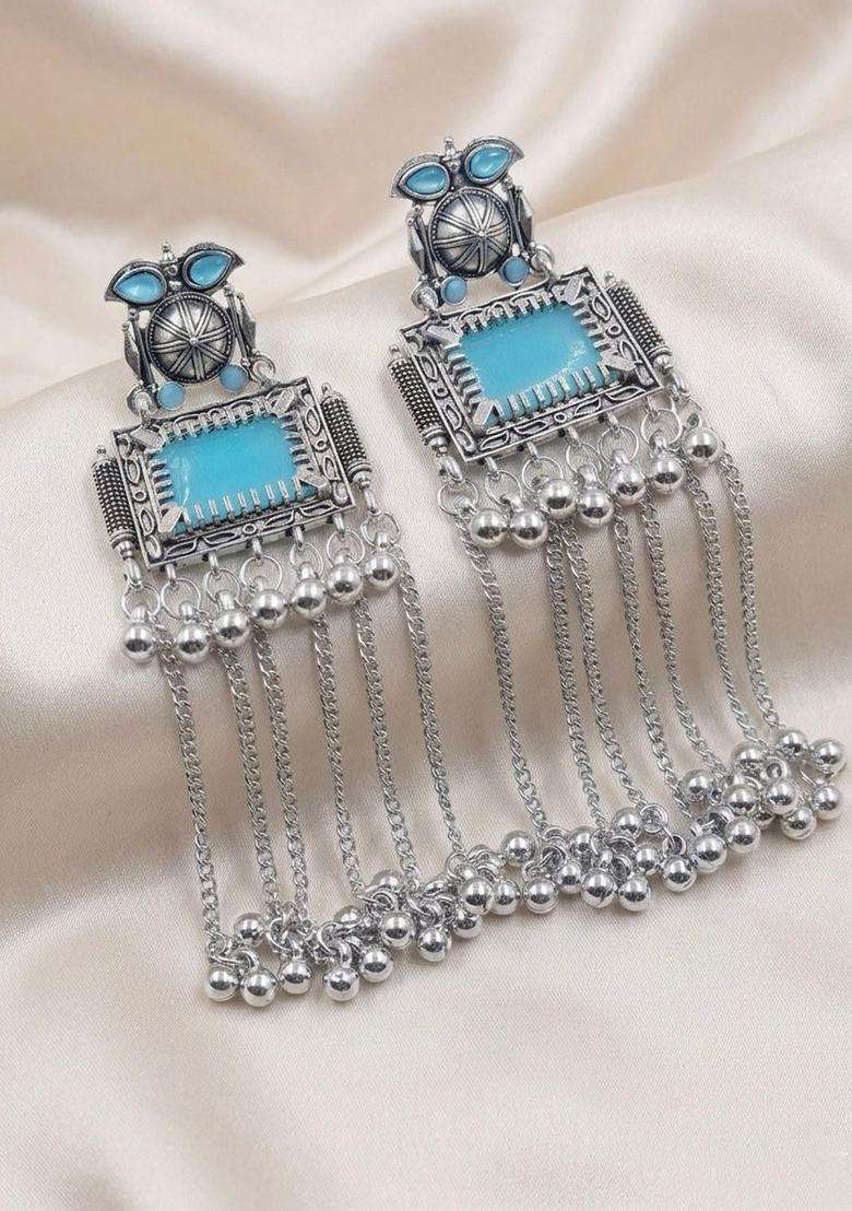 Silver-Plated Geometric Drop Earrings for Women | Traditional Ethnic Jewellery for Wedding & Festive Wear | Gift for Her - Indya