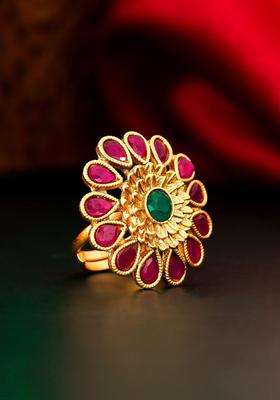 Gold-Plated Pink & Green AD-Studded Finger Ring for Women | Traditional Temple Jewellery for Wedding & Festive Wear | Gift for Her