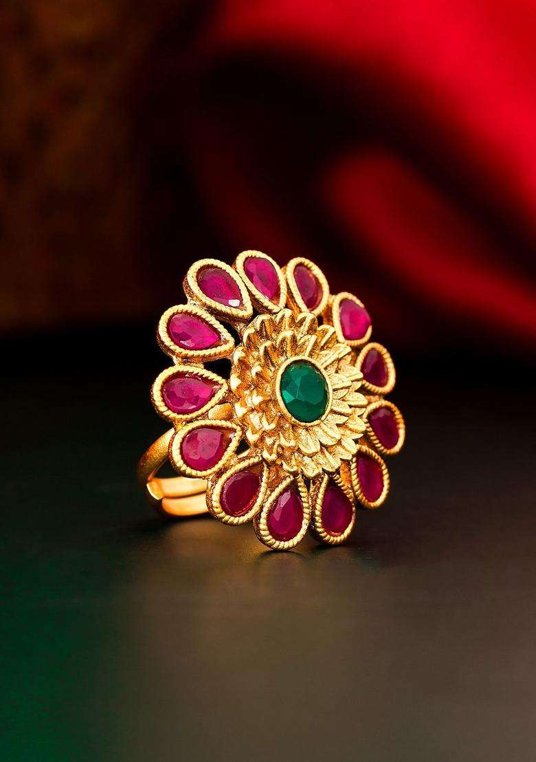 Gold-Plated Pink & Green AD-Studded Finger Ring for Women | Traditional Temple Jewellery for Wedding & Festive Wear | Gift for Her - Indya