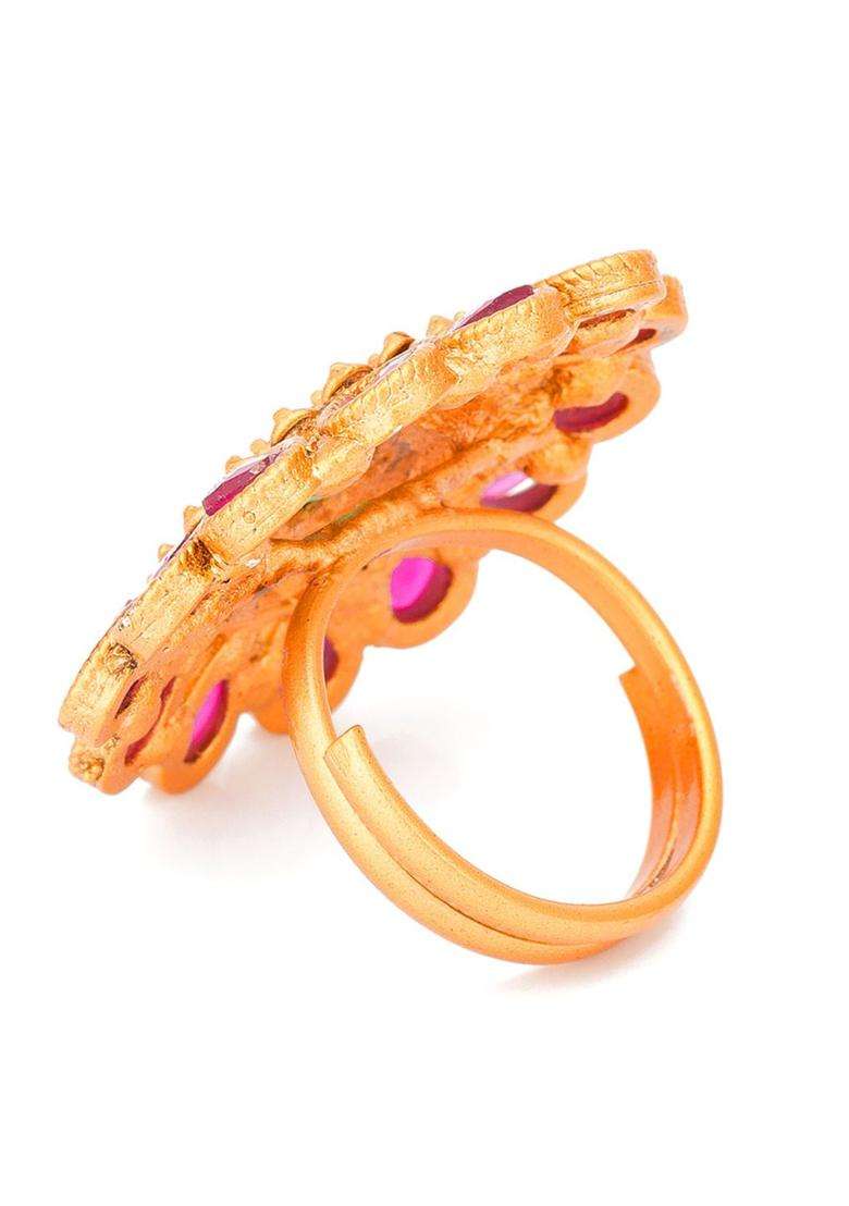 Gold-Plated Pink & Green AD-Studded Finger Ring for Women | Traditional Temple Jewellery for Wedding & Festive Wear | Gift for Her - Indya