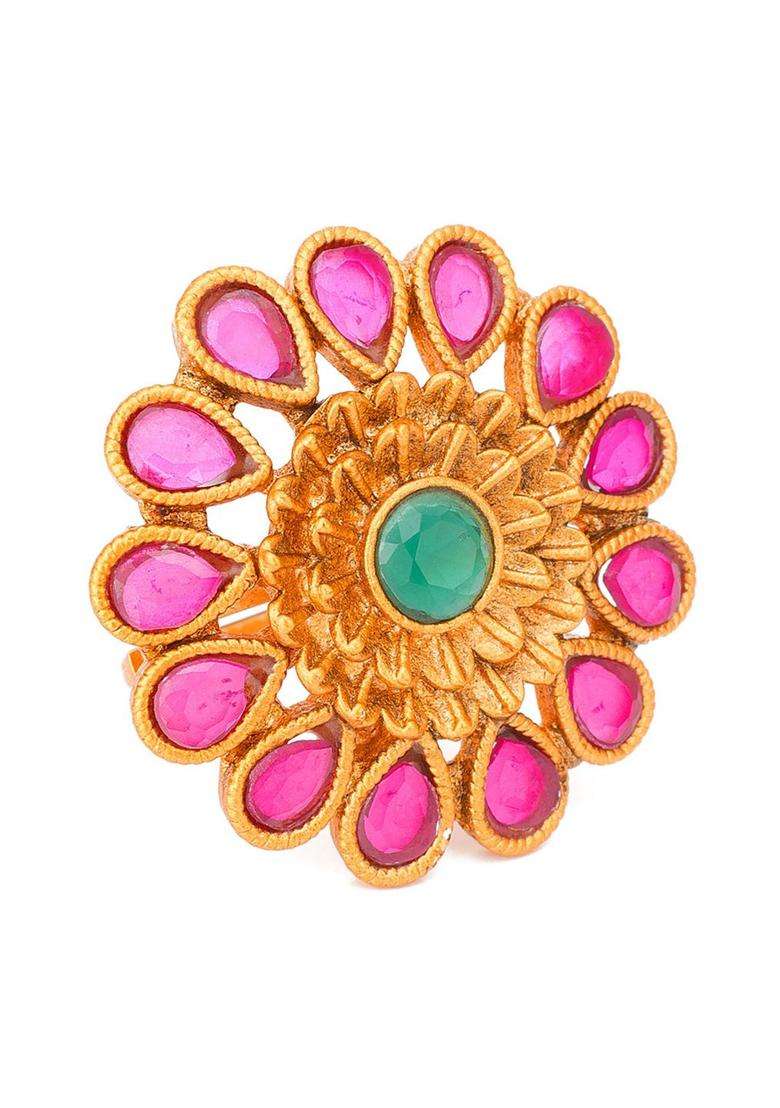 Gold-Plated Pink & Green AD-Studded Finger Ring for Women | Traditional Temple Jewellery for Wedding & Festive Wear | Gift for Her - Indya
