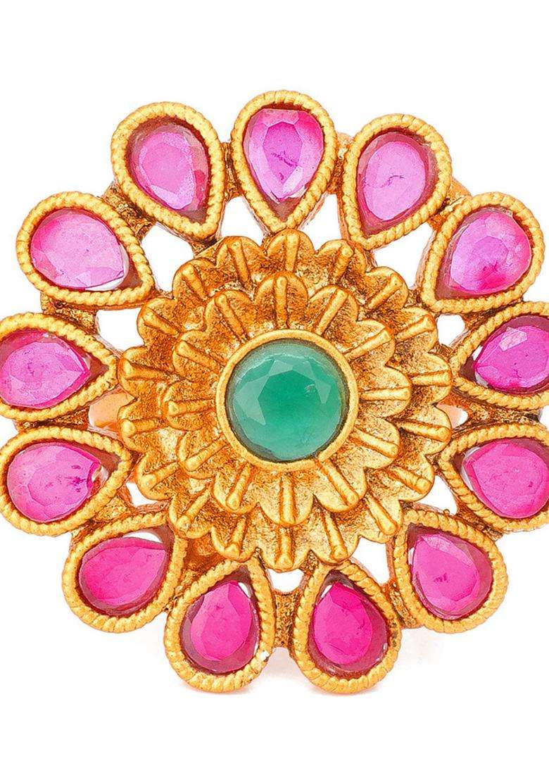Gold-Plated Pink & Green AD-Studded Finger Ring for Women | Traditional Temple Jewellery for Wedding & Festive Wear | Gift for Her - Indya