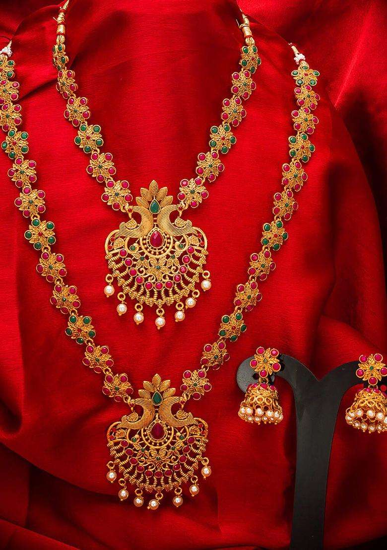 Gold-Plated Pink-Green Stone-Studded Pearl Beaded Matinee Temple Jewelry Set for Women | Traditional Temple Jewellery for Wedding & Festive Wear | Gift for Her - Indya