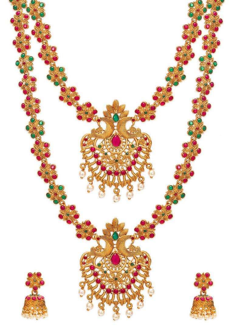 Gold-Plated Pink-Green Stone-Studded Pearl Beaded Matinee Temple Jewelry Set for Women | Traditional Temple Jewellery for Wedding & Festive Wear | Gift for Her - Indya