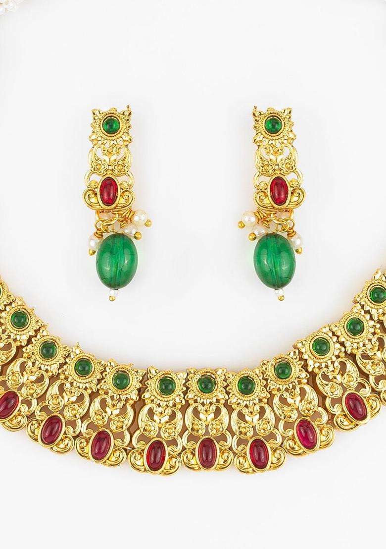 Kundan-Studded Jewellery Set for Women | Traditional Temple Jewellery for Wedding & Festive Wear | Gift for Her - Indya