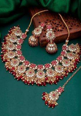 Gold-Plated & Red Stone Studded Jadau Jewellery Set with Pearl for Women | Traditional Temple Jewellery for Wedding & Festive Wear | Gift for Her