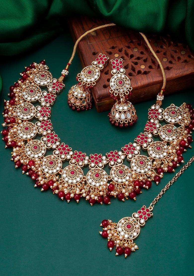Gold-Plated & Red Stone Studded Jadau Jewellery Set with Pearl for Women | Traditional Temple Jewellery for Wedding & Festive Wear | Gift for Her - Indya