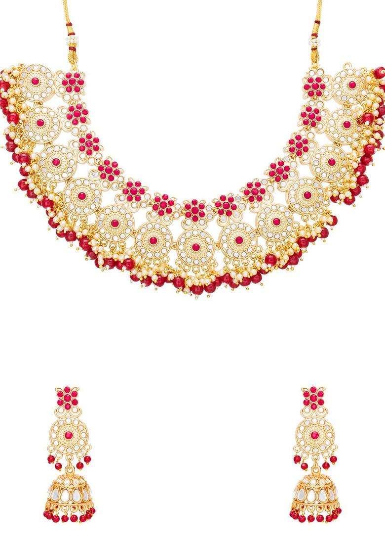 Gold-Plated & Red Stone Studded Jadau Jewellery Set with Pearl for Women | Traditional Temple Jewellery for Wedding & Festive Wear | Gift for Her - Indya