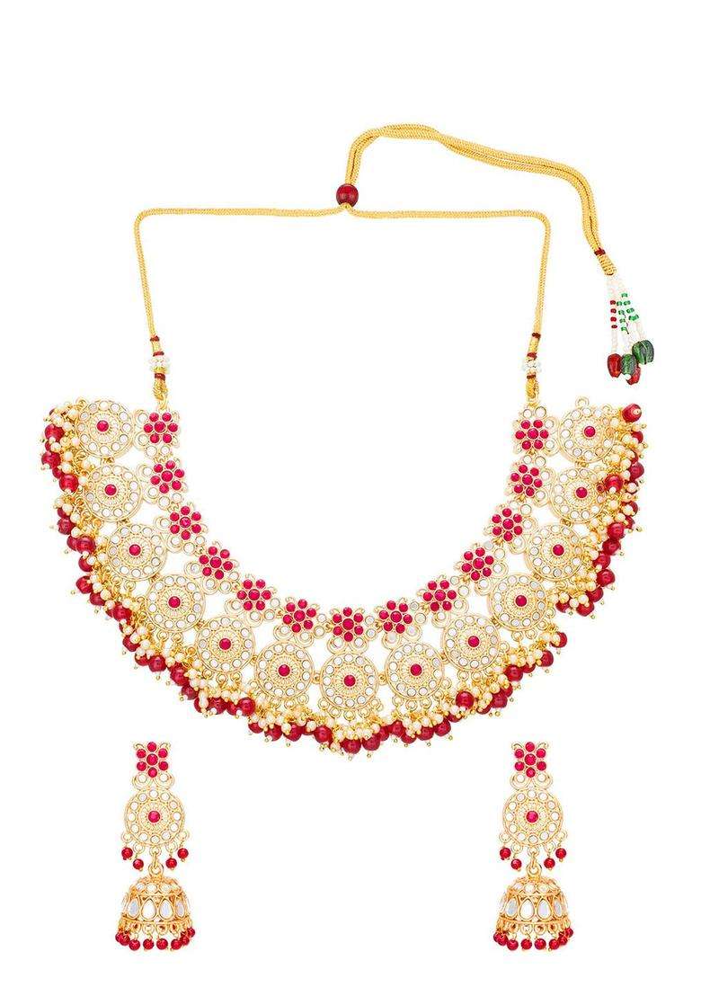 Gold-Plated & Red Stone Studded Jadau Jewellery Set with Pearl for Women | Traditional Temple Jewellery for Wedding & Festive Wear | Gift for Her - Indya