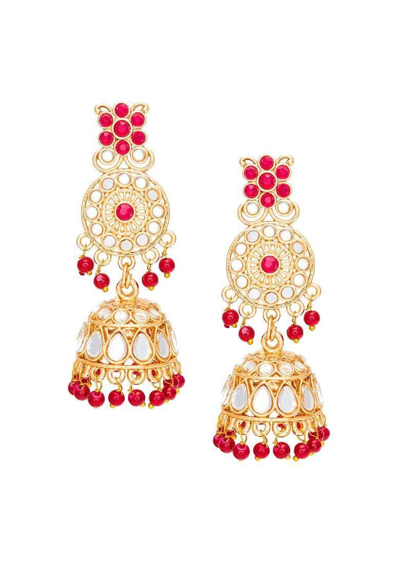 Gold-Plated & Red Stone Studded Jadau Jewellery Set with Pearl for Women | Traditional Temple Jewellery for Wedding & Festive Wear | Gift for Her - Indya