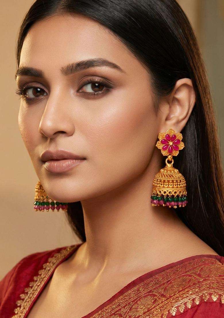 Gold-Plated Floral Jhumkas Earrings for Women | Traditional Temple Jewellery for Wedding & Festive Wear | Gift for Her - Indya