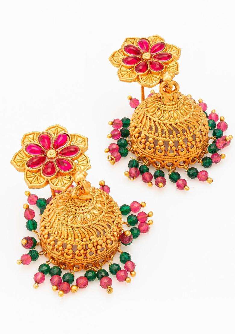 Gold-Plated Floral Jhumkas Earrings for Women | Traditional Temple Jewellery for Wedding & Festive Wear | Gift for Her - Indya