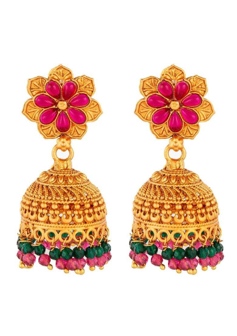 Gold-Plated Floral Jhumkas Earrings for Women | Traditional Temple Jewellery for Wedding & Festive Wear | Gift for Her - Indya