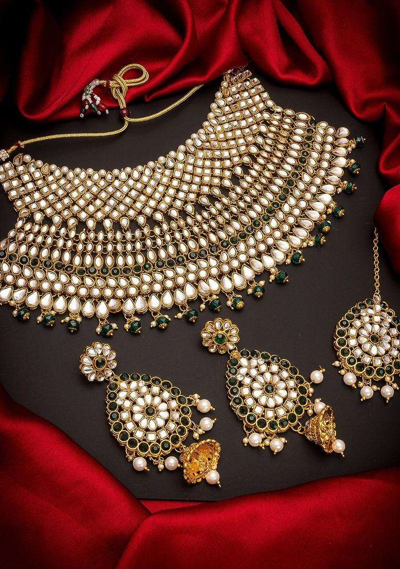Gold-Plated White & Black AD-Studded & Beaded Choker Jewellery Set for Women | Traditional Temple Jewellery for Wedding & Festive Wear | Gift for Her - Indya