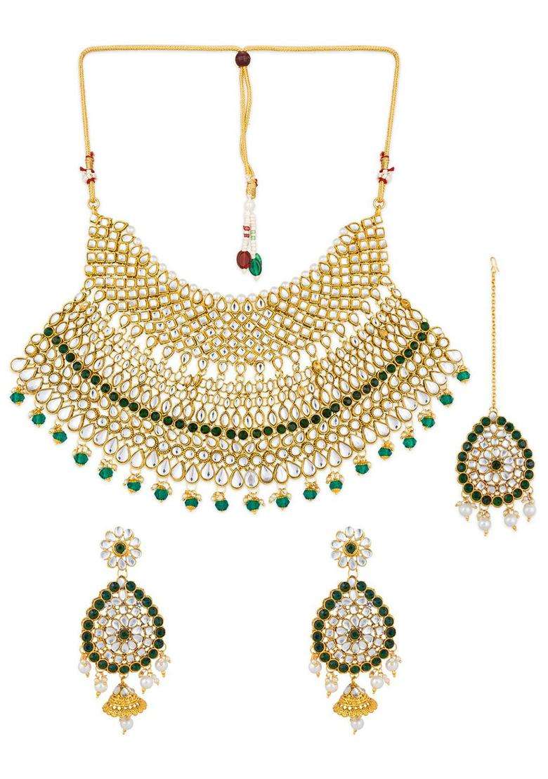 Gold-Plated White & Black AD-Studded & Beaded Choker Jewellery Set for Women | Traditional Temple Jewellery for Wedding & Festive Wear | Gift for Her - Indya