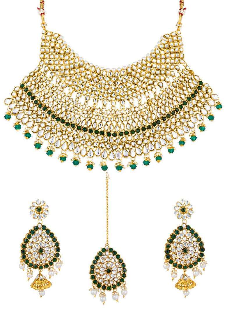 Gold-Plated White & Black AD-Studded & Beaded Choker Jewellery Set for Women | Traditional Temple Jewellery for Wedding & Festive Wear | Gift for Her - Indya