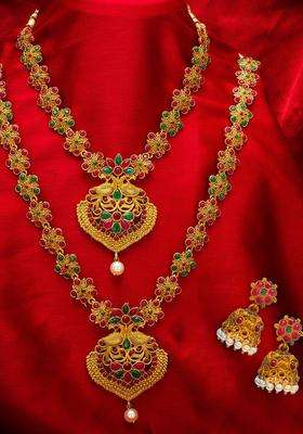 Gold-Plated Stone-Studded Pearl Beaded Choker & Matinee Temple Jewellery Set for Women | Traditional Temple Jewellery for Wedding & Festive Wear | Gift for Her